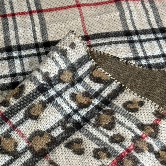 Cashmink Plaid and Cheetah Print Scarf in cream, brown, grey and red - Picture 6 of 9